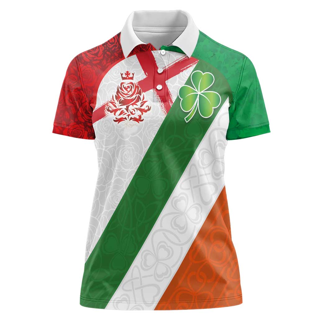 Custom Ireland and England Women Polo Shirt Celtic Shanrocks and Roses with Red Cross