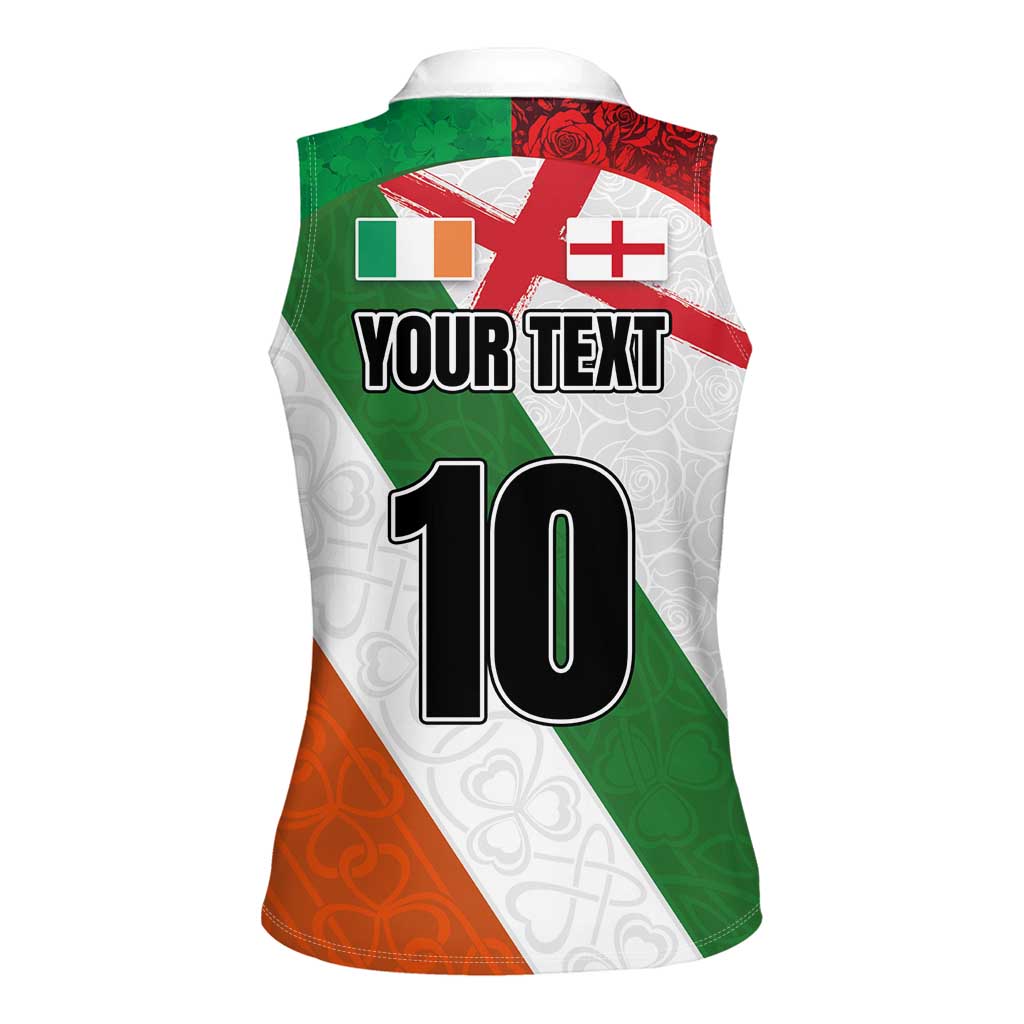 Custom Ireland and England Women Sleeveless Polo Shirt Celtic Shanrocks and Roses with Red Cross