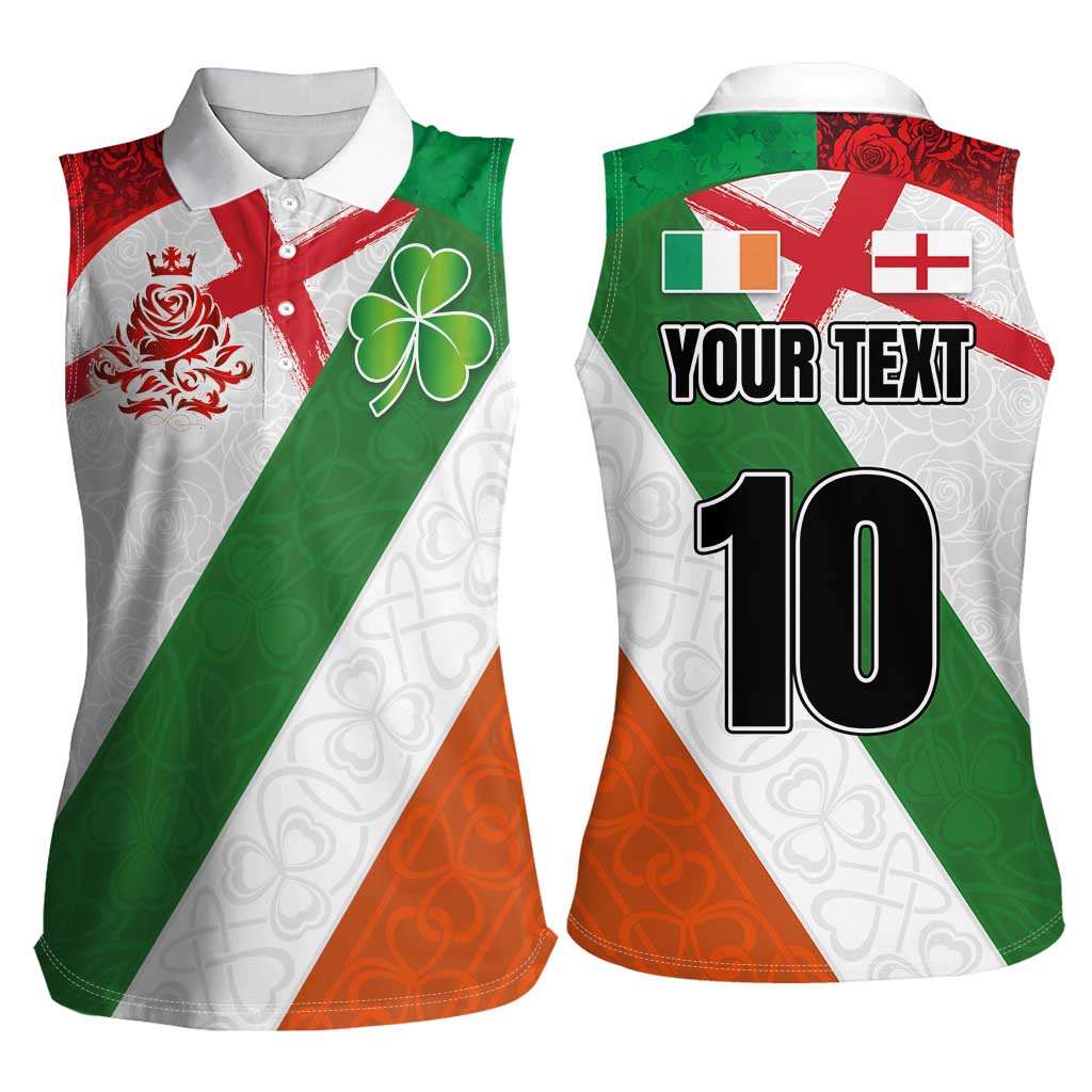 Custom Ireland and England Women Sleeveless Polo Shirt Celtic Shanrocks and Roses with Red Cross