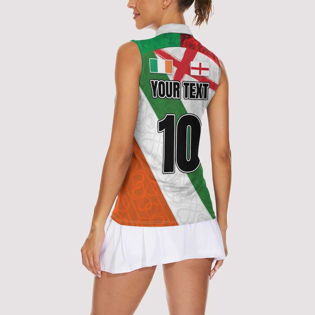 Custom Ireland and England Women Sleeveless Polo Shirt Celtic Shanrocks and Roses with Red Cross