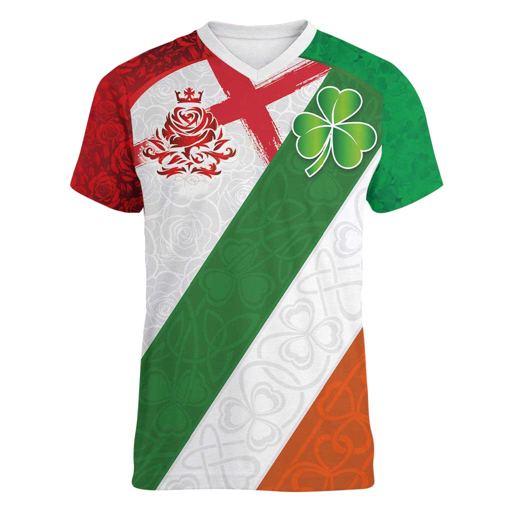 Custom Ireland and England Women V-Neck T-Shirt Celtic Shanrocks and Roses with Red Cross