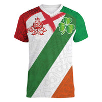 Custom Ireland and England Women V-Neck T-Shirt Celtic Shanrocks and Roses with Red Cross