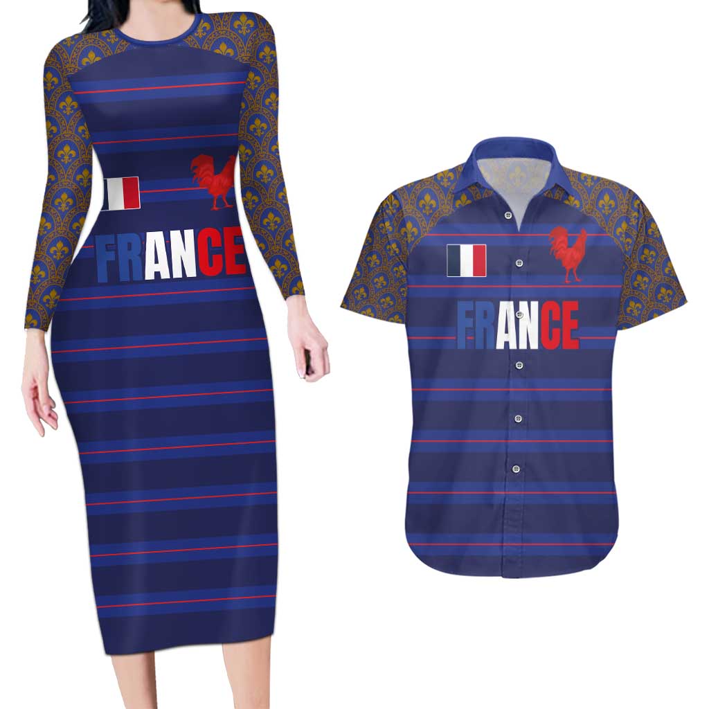 Custom France Rugby-Le XV de France Couples Matching Long Sleeve Bodycon Dress and Hawaiian Shirt Go Les Bleus