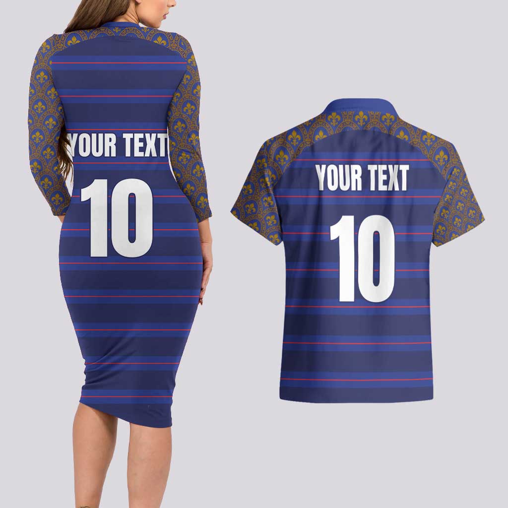Custom France Rugby-Le XV de France Couples Matching Long Sleeve Bodycon Dress and Hawaiian Shirt Go Les Bleus