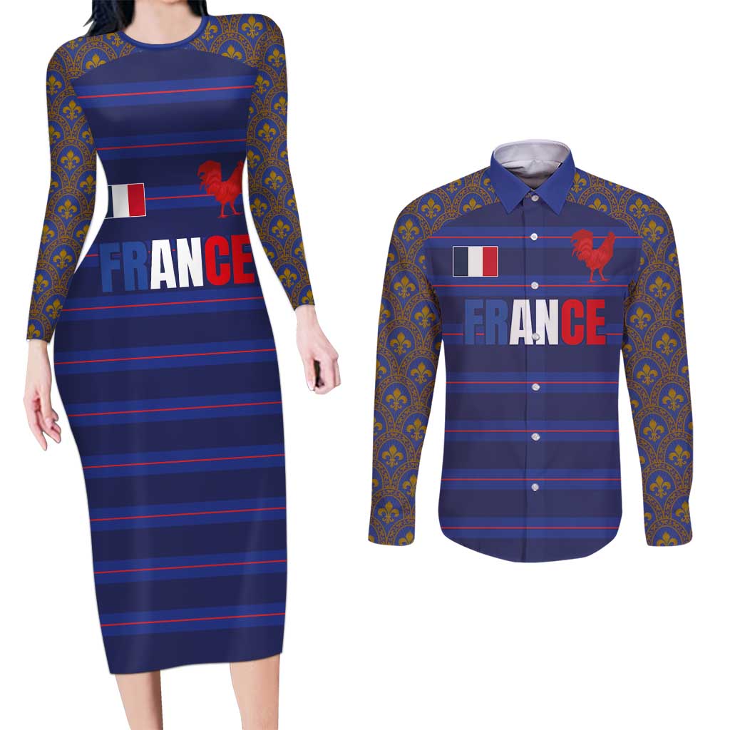 Custom France Rugby-Le XV de France Couples Matching Long Sleeve Bodycon Dress and Long Sleeve Button Shirt Go Les Bleus