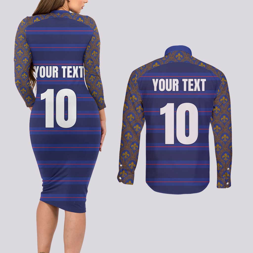 Custom France Rugby-Le XV de France Couples Matching Long Sleeve Bodycon Dress and Long Sleeve Button Shirt Go Les Bleus