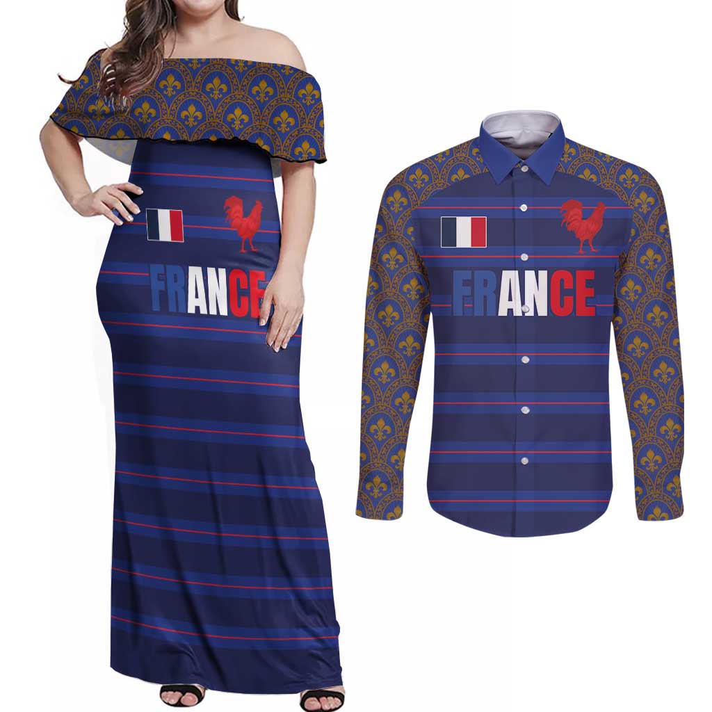 Custom France Rugby-Le XV de France Couples Matching Off Shoulder Maxi Dress and Long Sleeve Button Shirt Go Les Bleus