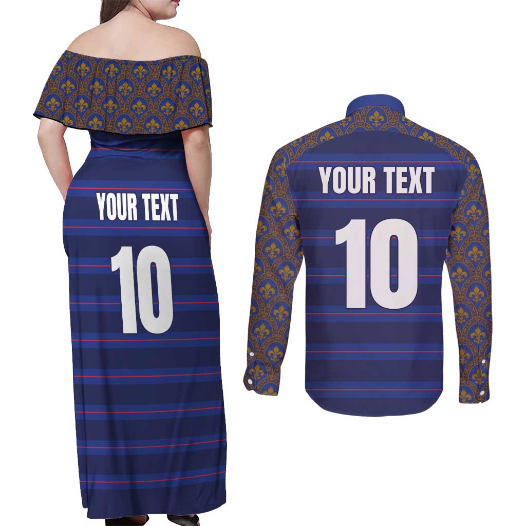Custom France Rugby-Le XV de France Couples Matching Off Shoulder Maxi Dress and Long Sleeve Button Shirt Go Les Bleus