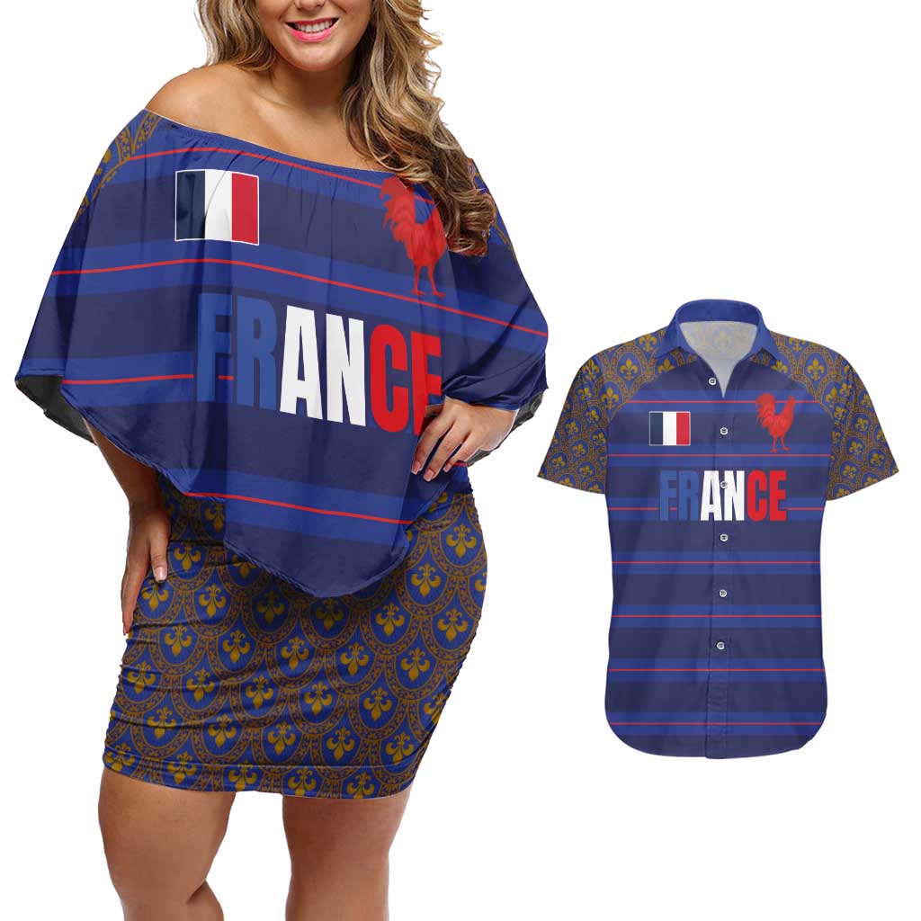 Custom France Rugby-Le XV de France Couples Matching Off Shoulder Short Dress and Hawaiian Shirt Go Les Bleus