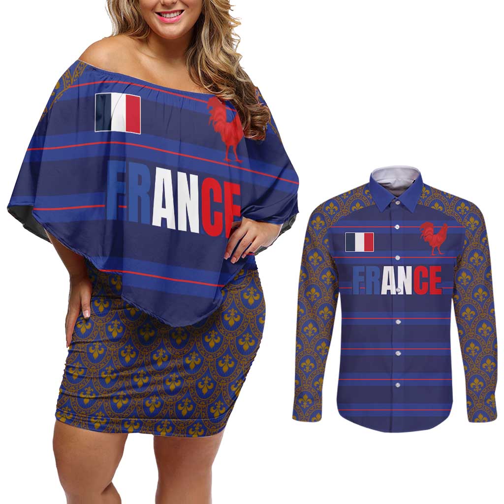 Custom France Rugby-Le XV de France Couples Matching Off Shoulder Short Dress and Long Sleeve Button Shirt Go Les Bleus