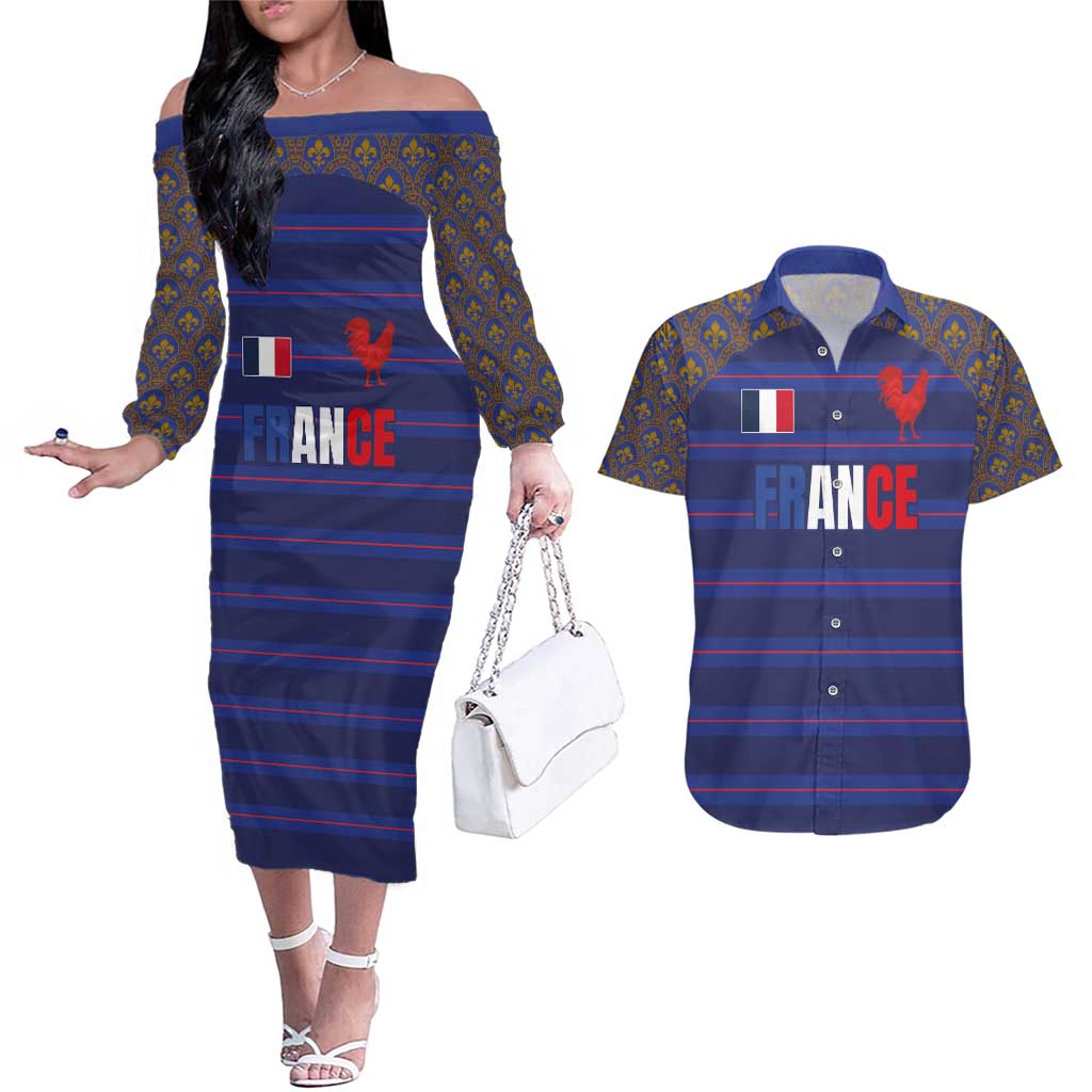 Custom France Rugby-Le XV de France Couples Matching Off The Shoulder Long Sleeve Dress and Hawaiian Shirt Go Les Bleus