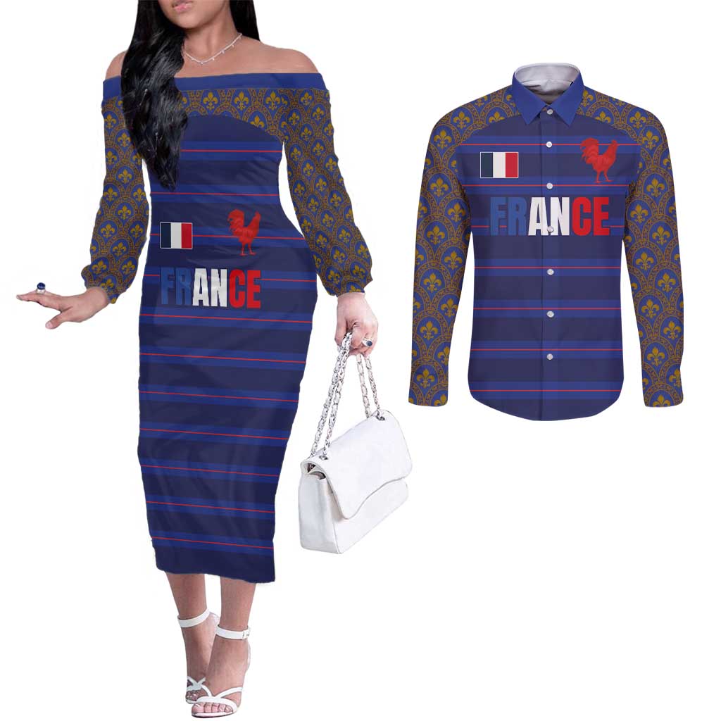 Custom France Rugby-Le XV de France Couples Matching Off The Shoulder Long Sleeve Dress and Long Sleeve Button Shirt Go Les Bleus