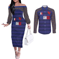 Custom France Rugby-Le XV de France Couples Matching Off The Shoulder Long Sleeve Dress and Long Sleeve Button Shirt Go Les Bleus