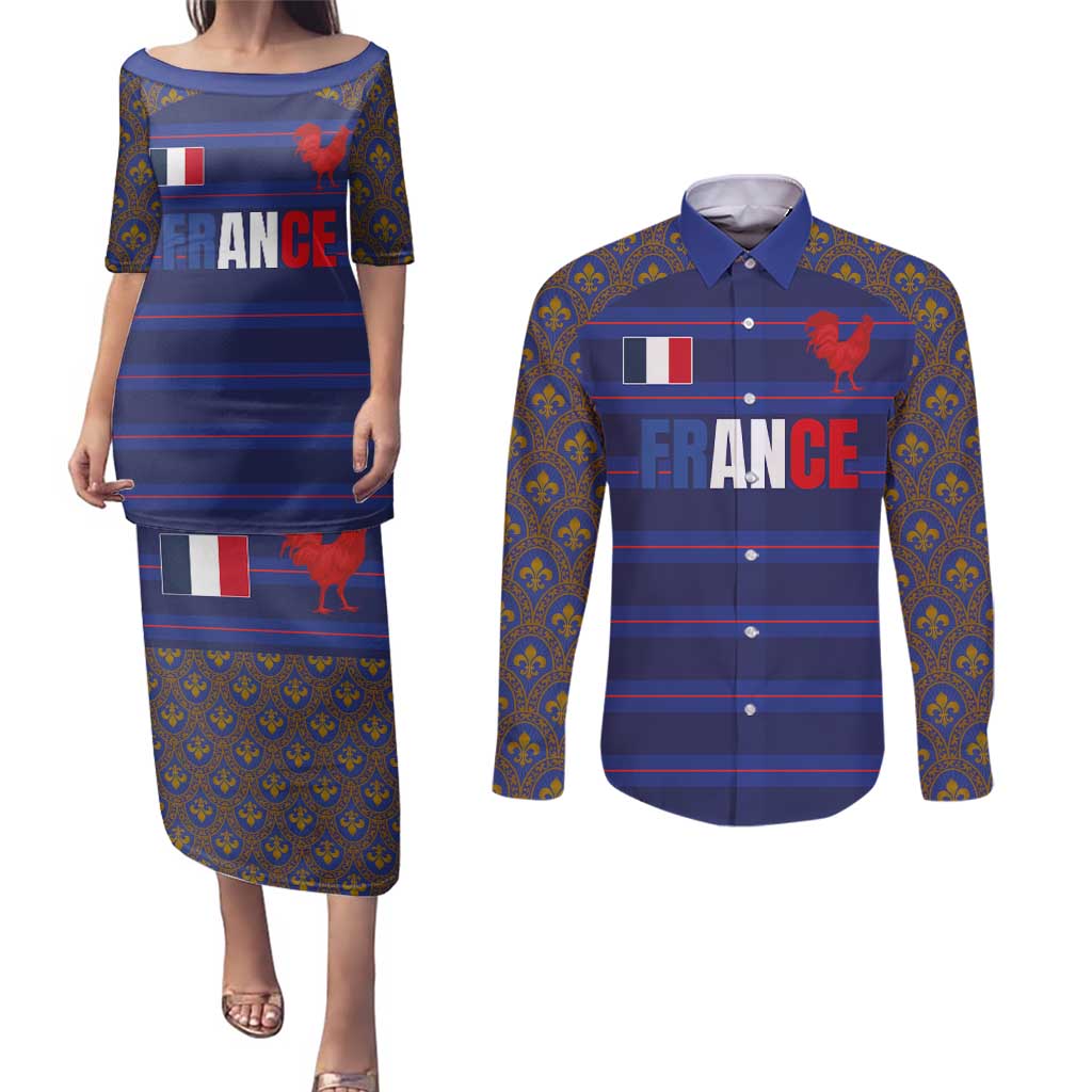Custom France Rugby-Le XV de France Couples Matching Puletasi and Long Sleeve Button Shirt Go Les Bleus