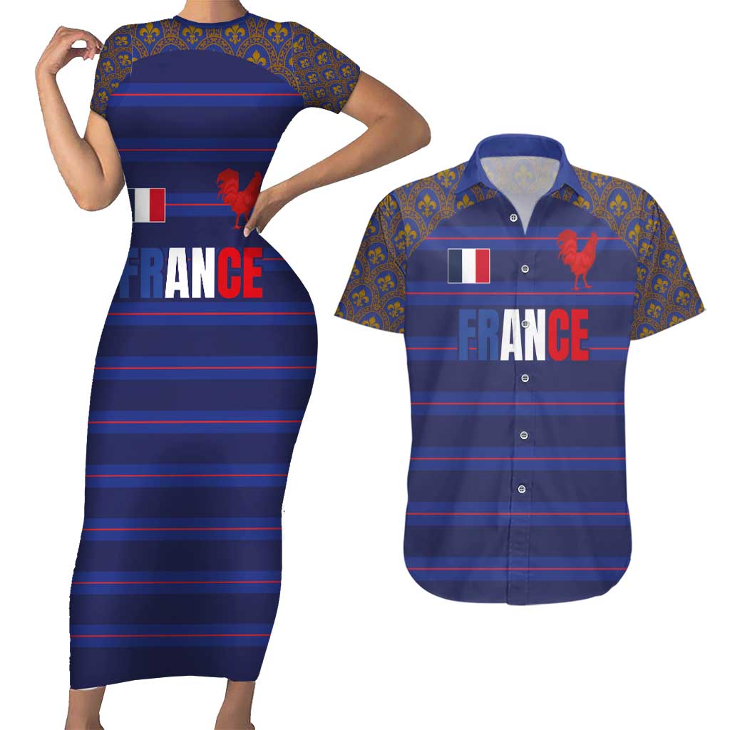 Custom France Rugby-Le XV de France Couples Matching Short Sleeve Bodycon Dress and Hawaiian Shirt Go Les Bleus