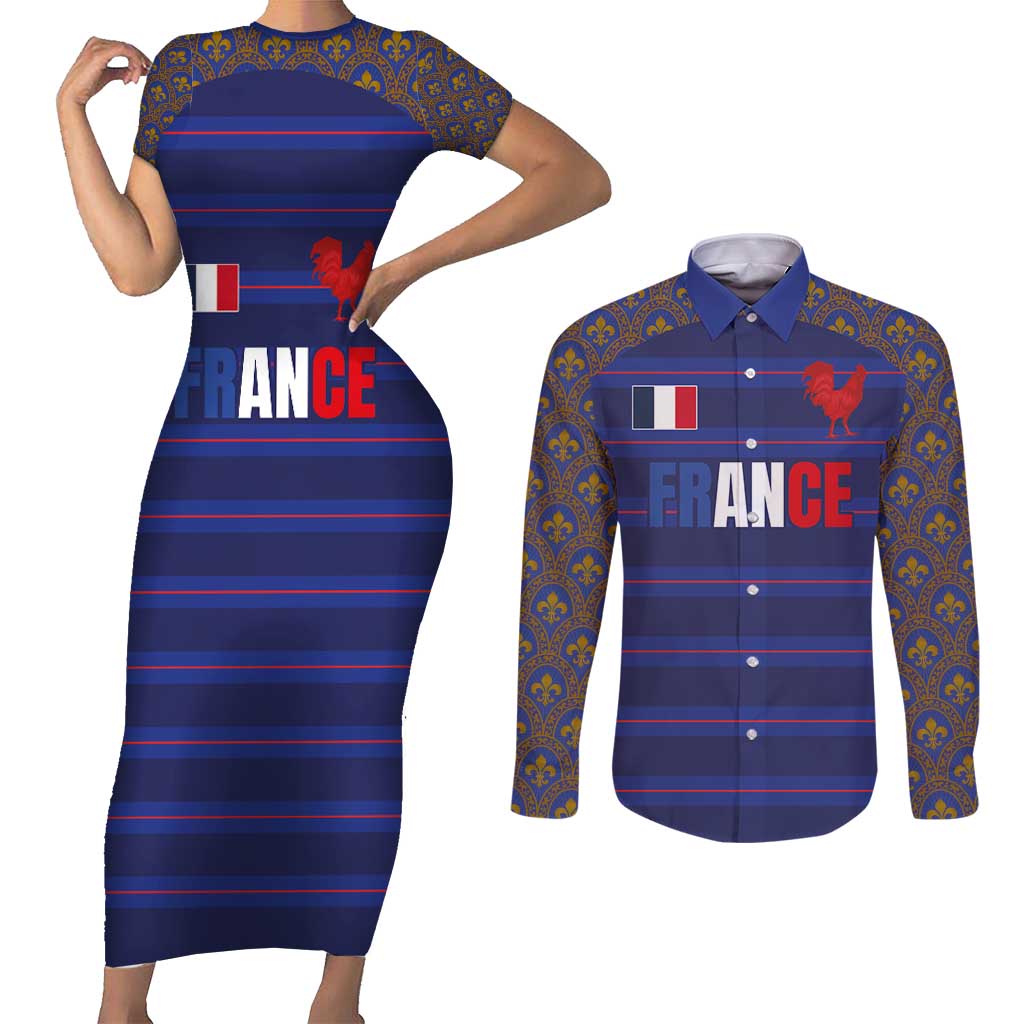 Custom France Rugby-Le XV de France Couples Matching Short Sleeve Bodycon Dress and Long Sleeve Button Shirt Go Les Bleus