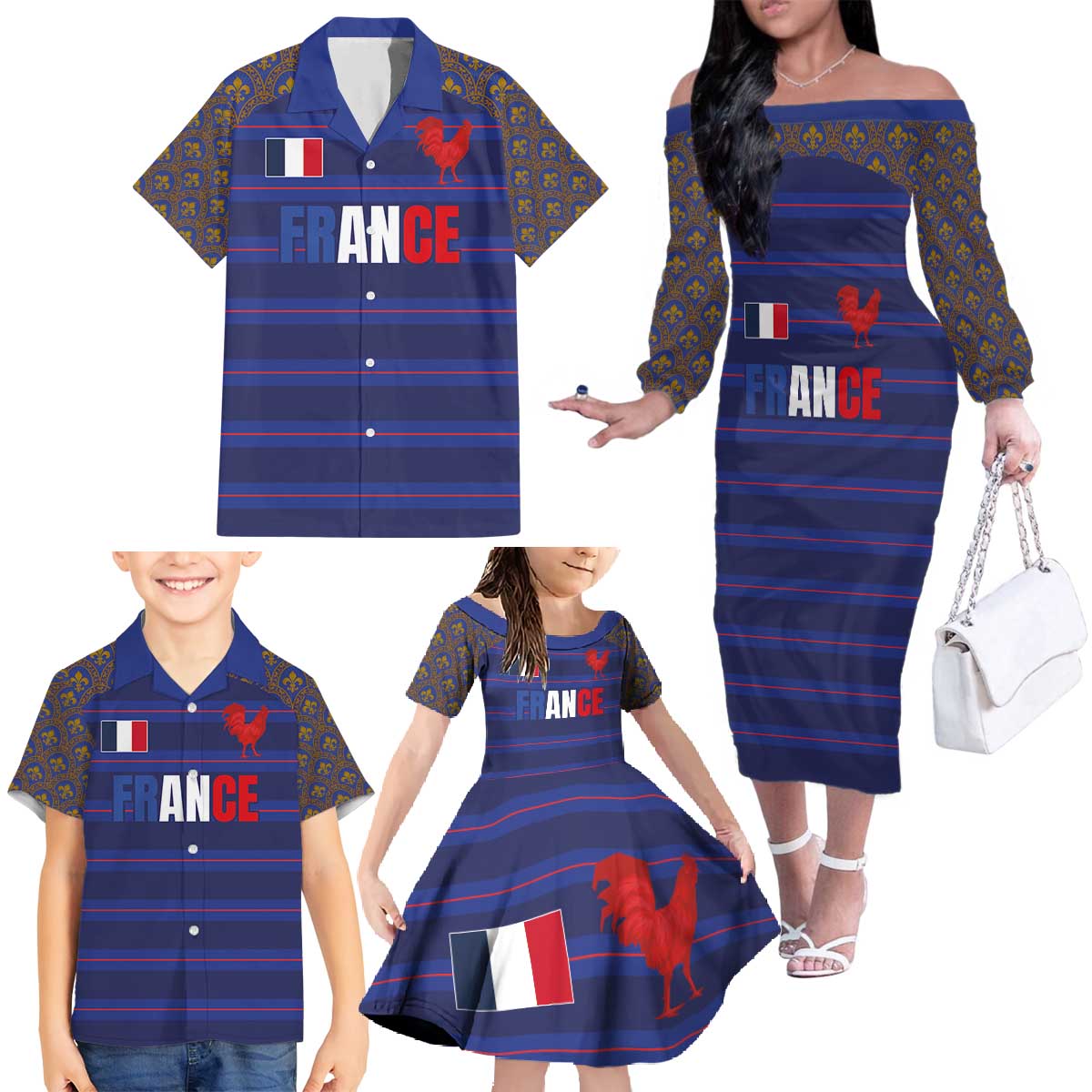 Custom France Rugby-Le XV de France Family Matching Off The Shoulder Long Sleeve Dress and Hawaiian Shirt Go Les Bleus