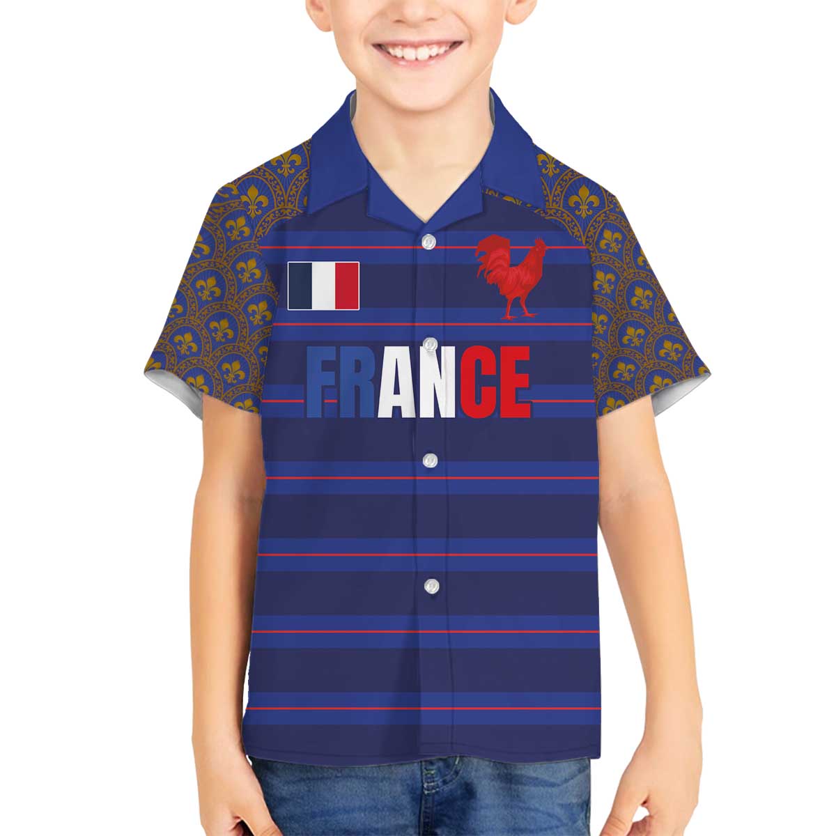 Custom France Rugby-Le XV de France Family Matching Off The Shoulder Long Sleeve Dress and Hawaiian Shirt Go Les Bleus