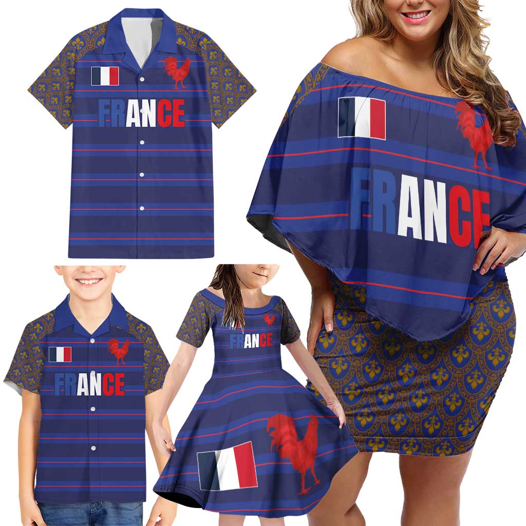 Custom France Rugby-Le XV de France Family Matching Off Shoulder Short Dress and Hawaiian Shirt Go Les Bleus
