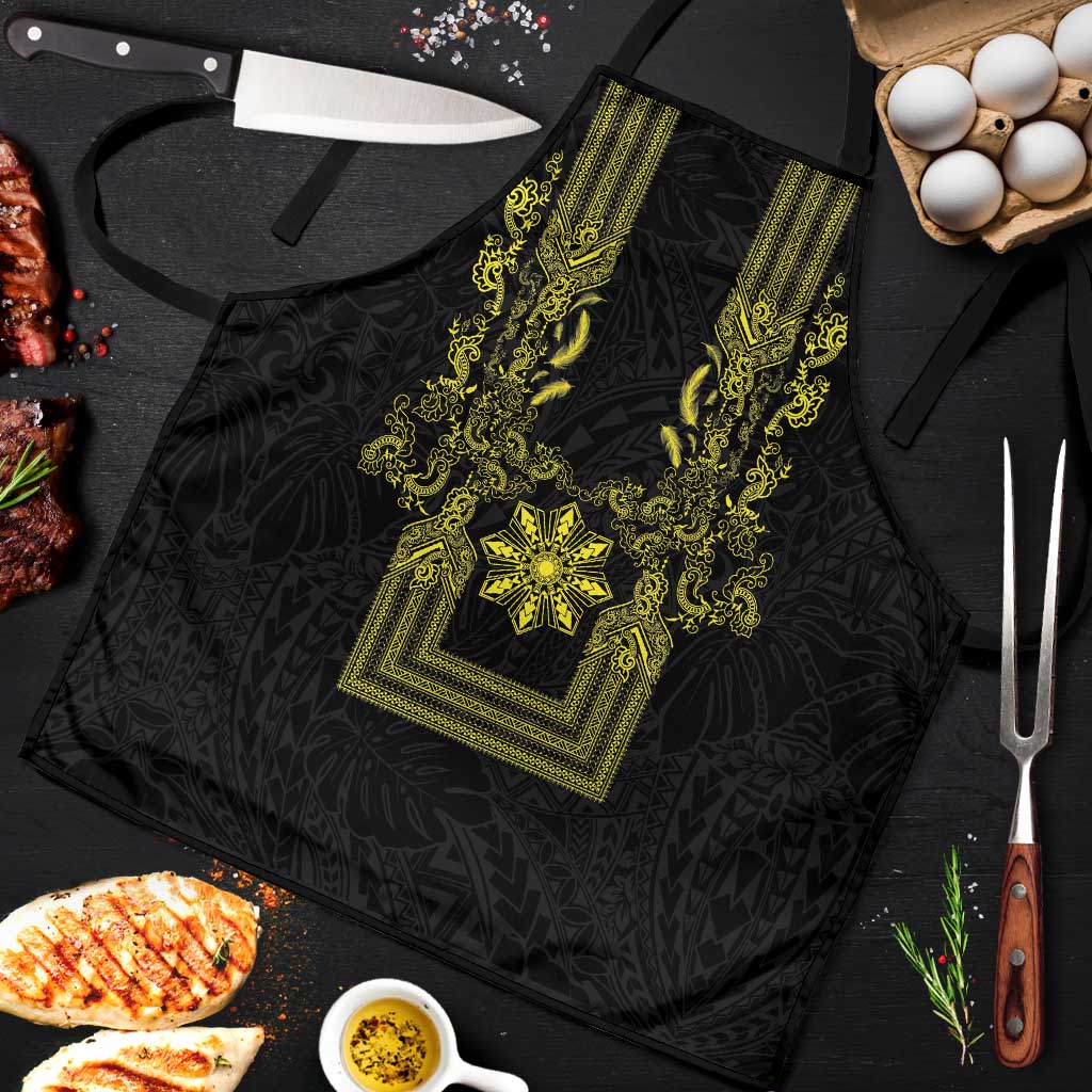 Philippines Barong Style Apron with Polynesian Art and Leaf Motif Black-Gold Color