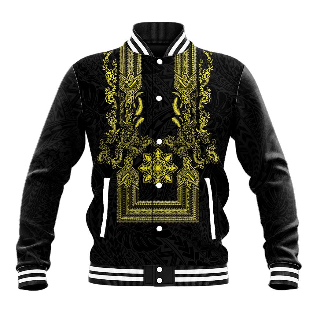 Philippines Barong Style Baseball Jacket with Polynesian Art and Leaf Motif Black-Gold Color