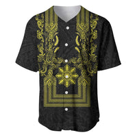 Philippines Barong Style Baseball Jersey with Polynesian Art and Leaf Motif Black-Gold Color