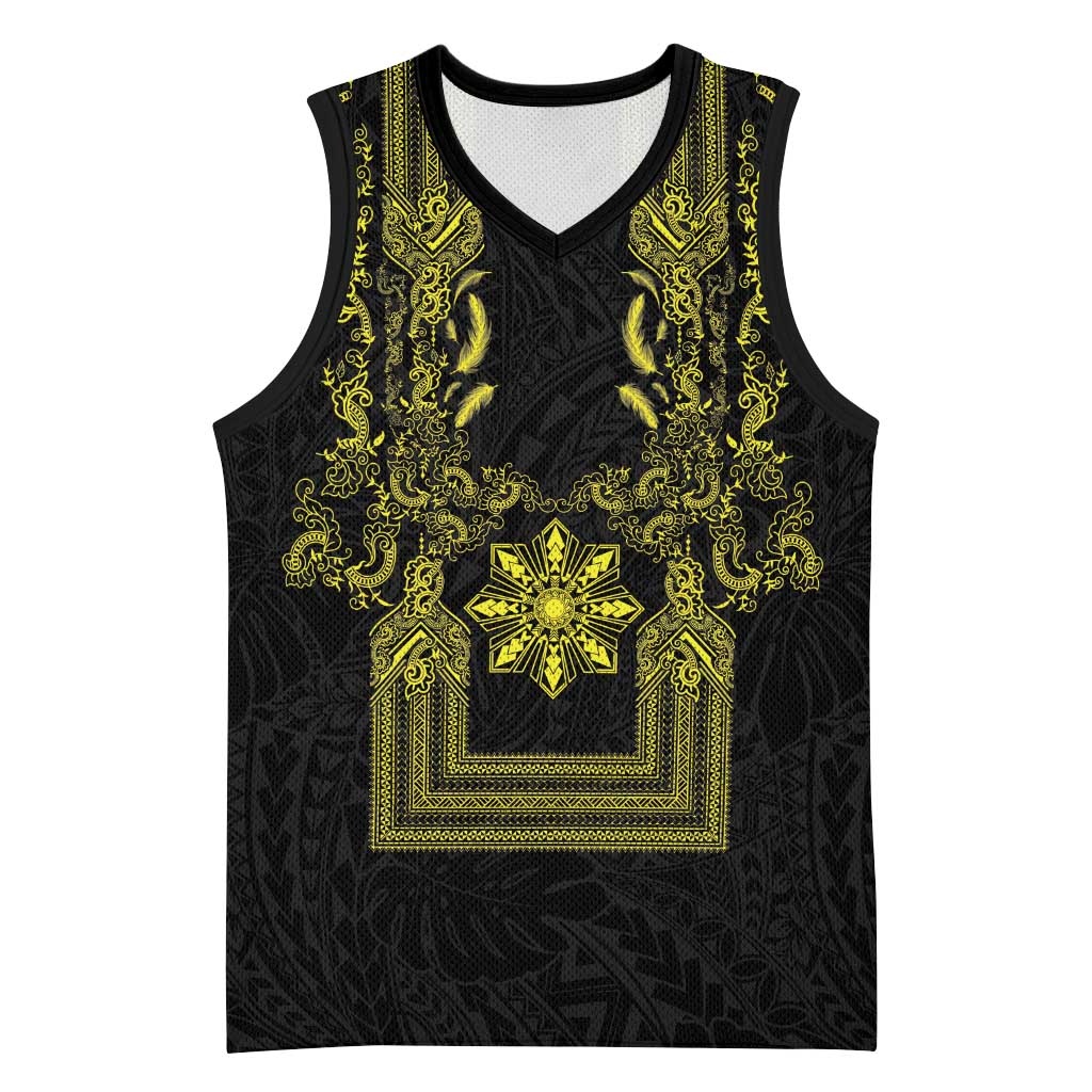 Philippines Barong Style Basketball Jersey with Polynesian Art and Leaf Motif Black-Gold Color