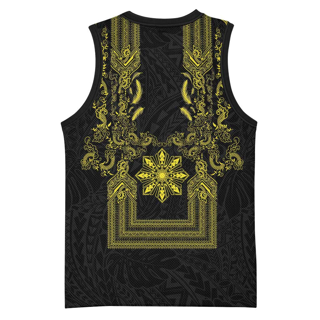 Philippines Barong Style Basketball Jersey with Polynesian Art and Leaf Motif Black-Gold Color