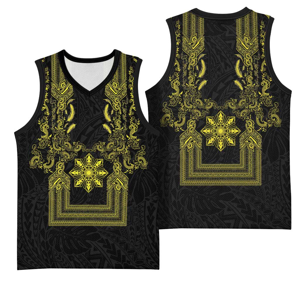 Philippines Barong Style Basketball Jersey with Polynesian Art and Leaf Motif Black-Gold Color