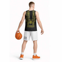 Philippines Barong Style Basketball Jersey with Polynesian Art and Leaf Motif Black-Gold Color