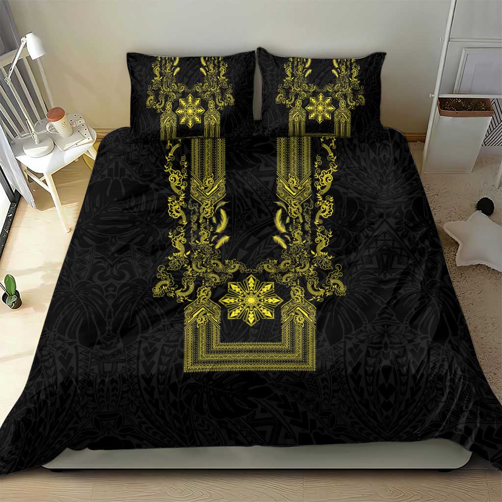 Philippines Barong Style Bedding Set with Polynesian Art and Leaf Motif Black-Gold Color