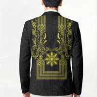 Philippines Barong Style Blazer with Polynesian Art and Leaf Motif Black-Gold Color