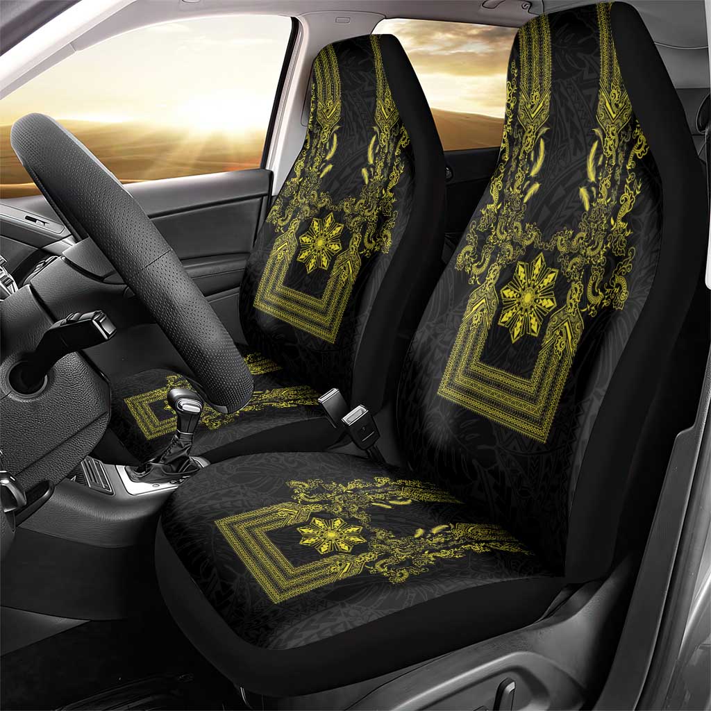 Philippines Barong Style Car Seat Cover with Polynesian Art and Leaf Motif Black-Gold Color
