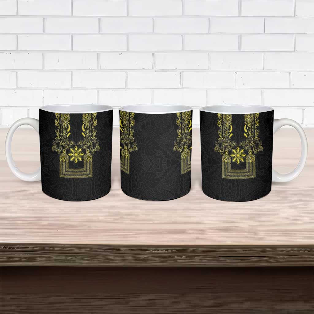 Philippines Barong Style Ceramic Mug with Polynesian Art and Leaf Motif Black-Gold Color
