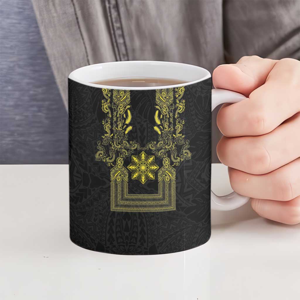 Philippines Barong Style Ceramic Mug with Polynesian Art and Leaf Motif Black-Gold Color