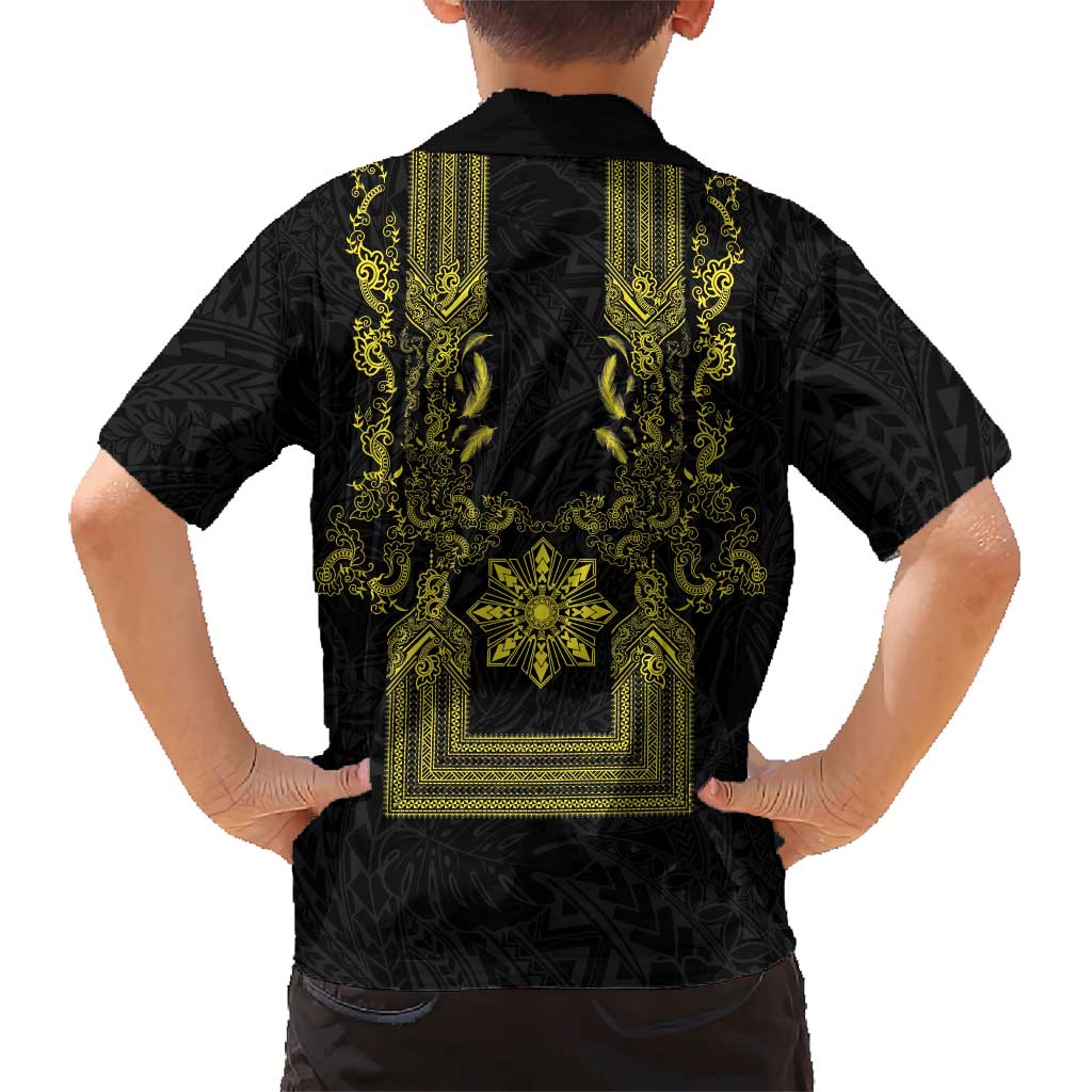 Philippines Barong Style Hawaiian Shirt with Polynesian Art and Leaf Motif Black-Gold Color