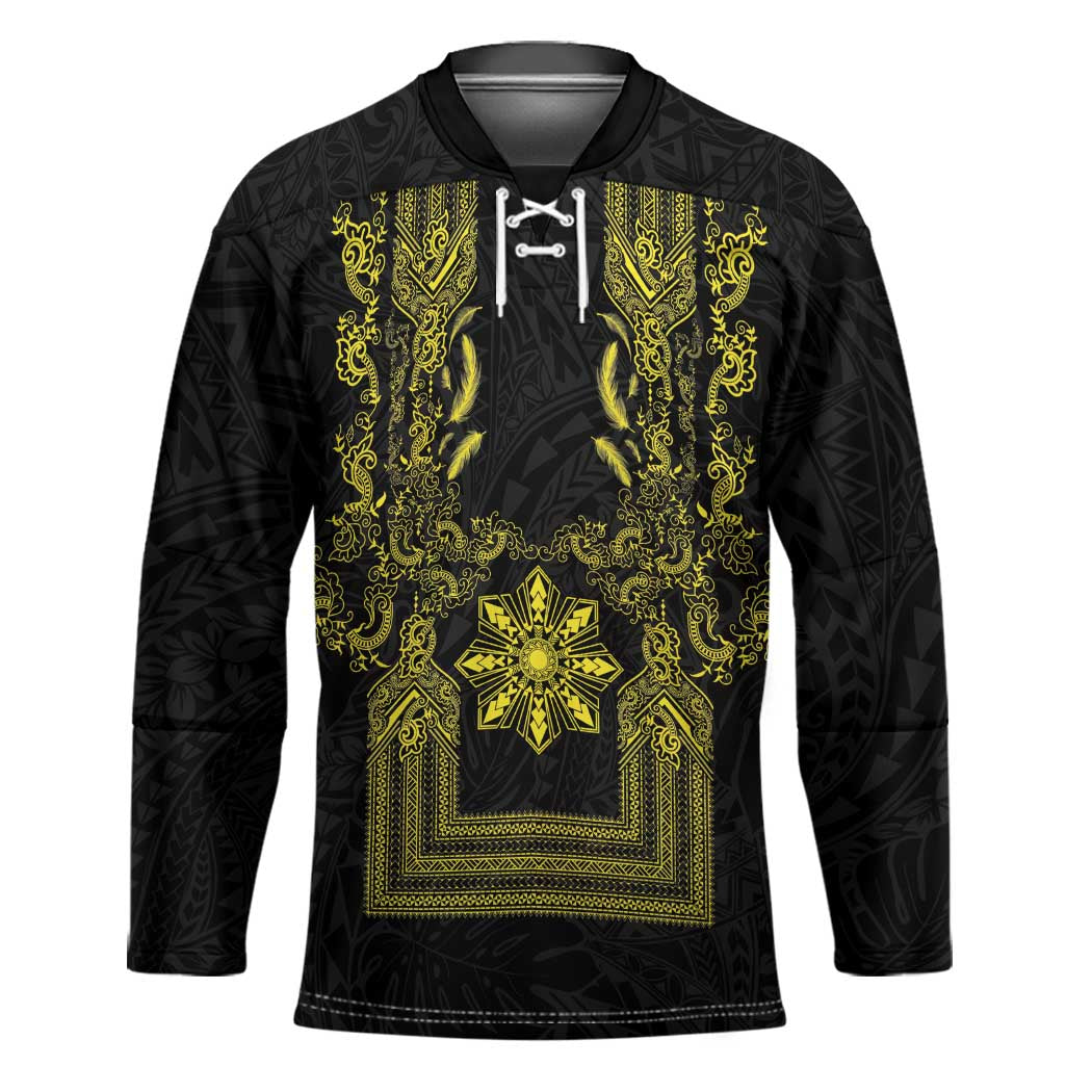Philippines Barong Style Hockey Jersey with Polynesian Art and Leaf Motif Black-Gold Color