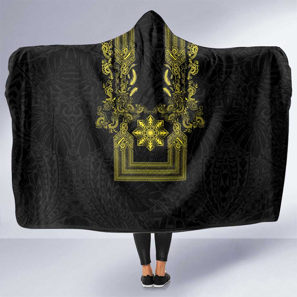 Philippines Barong Style Hooded Blanket with Polynesian Art and Leaf Motif Black-Gold Color