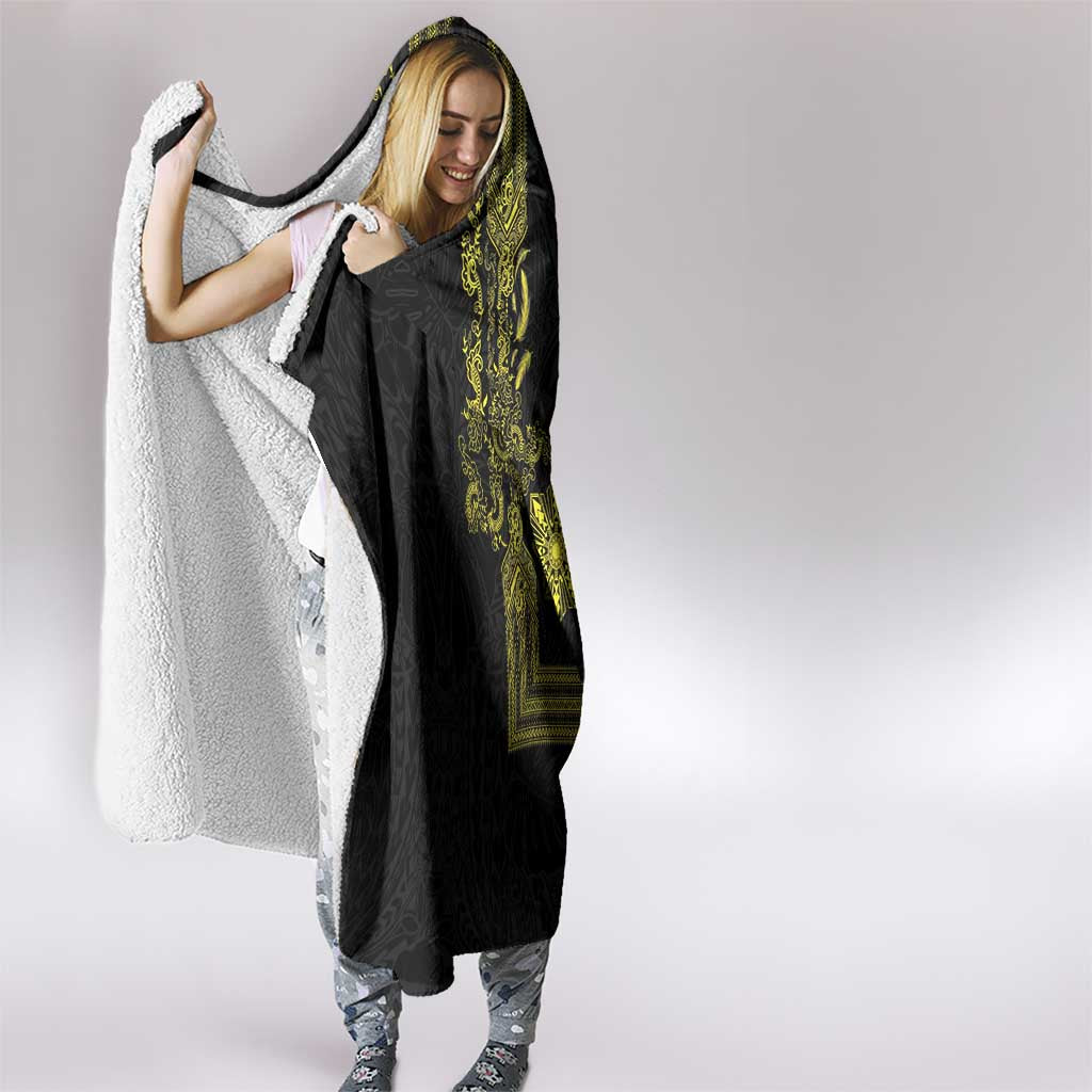 Philippines Barong Style Hooded Blanket with Polynesian Art and Leaf Motif Black-Gold Color