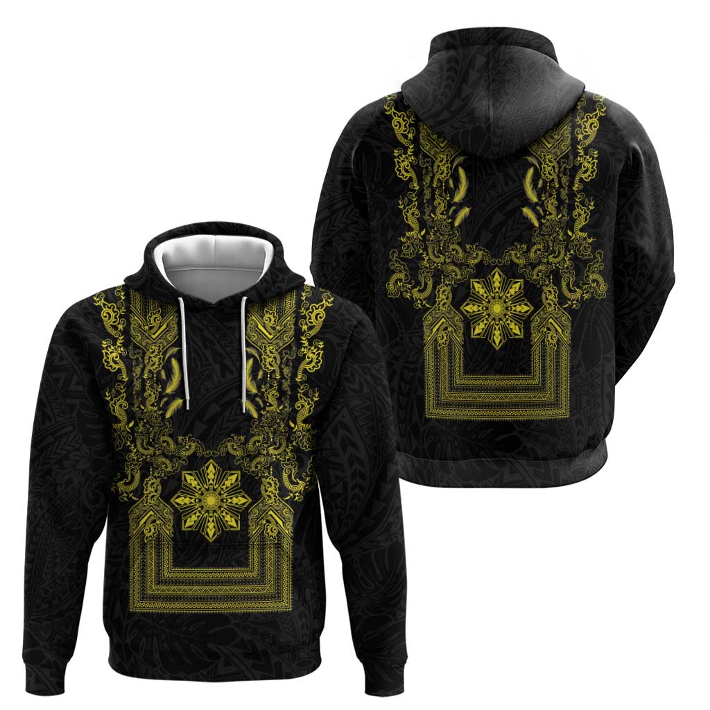Philippines Barong Style Hoodie with Polynesian Art and Leaf Motif Black-Gold Color