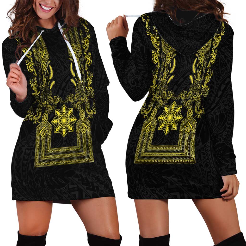Philippines Barong Style Hoodie Dress with Polynesian Art and Leaf Motif Black-Gold Color