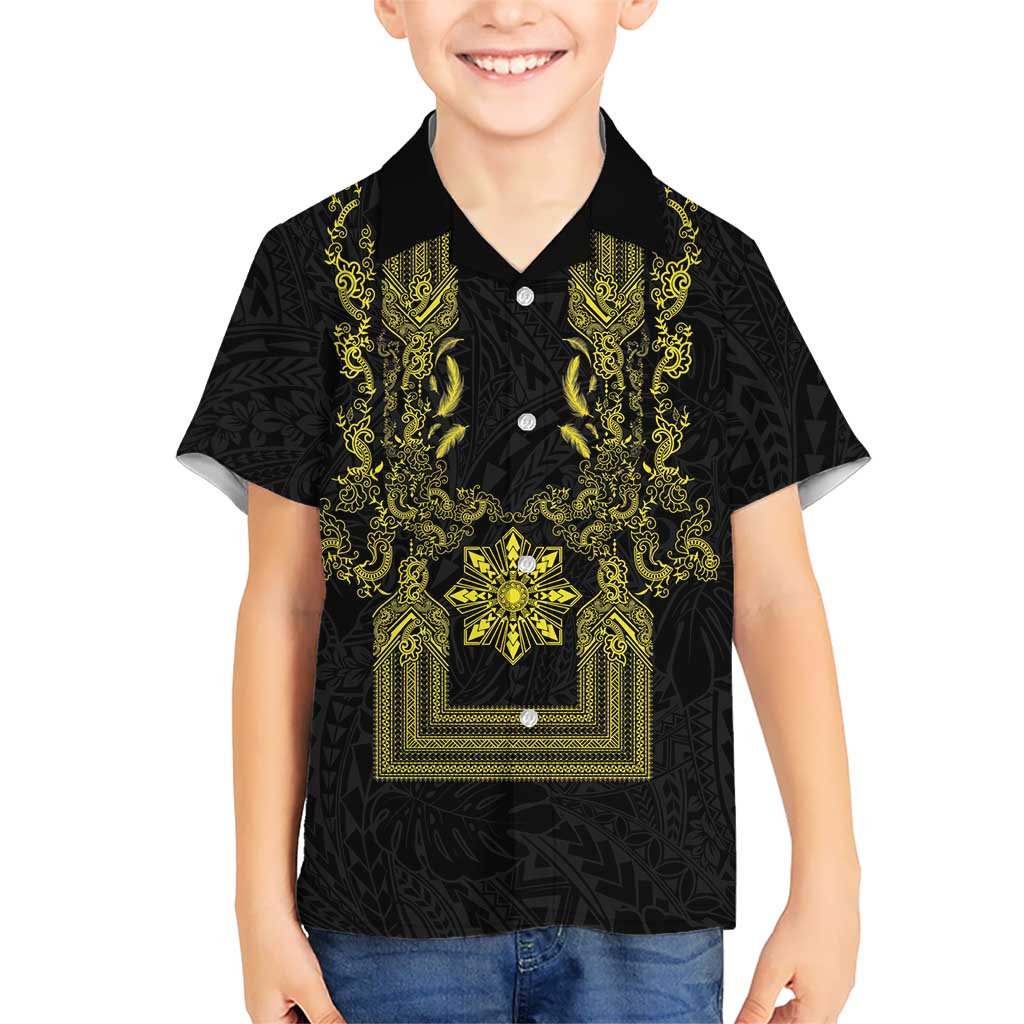 Philippines Barong Style Kid Hawaiian Shirt with Polynesian Art and Leaf Motif Black-Gold Color