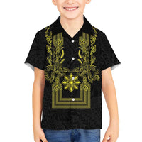 Philippines Barong Style Kid Hawaiian Shirt with Polynesian Art and Leaf Motif Black-Gold Color