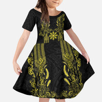 Philippines Barong Style Kid Short Sleeve Dress with Polynesian Art and Leaf Motif Black-Gold Color
