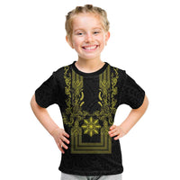 Philippines Barong Style Kid T Shirt with Polynesian Art and Leaf Motif Black-Gold Color