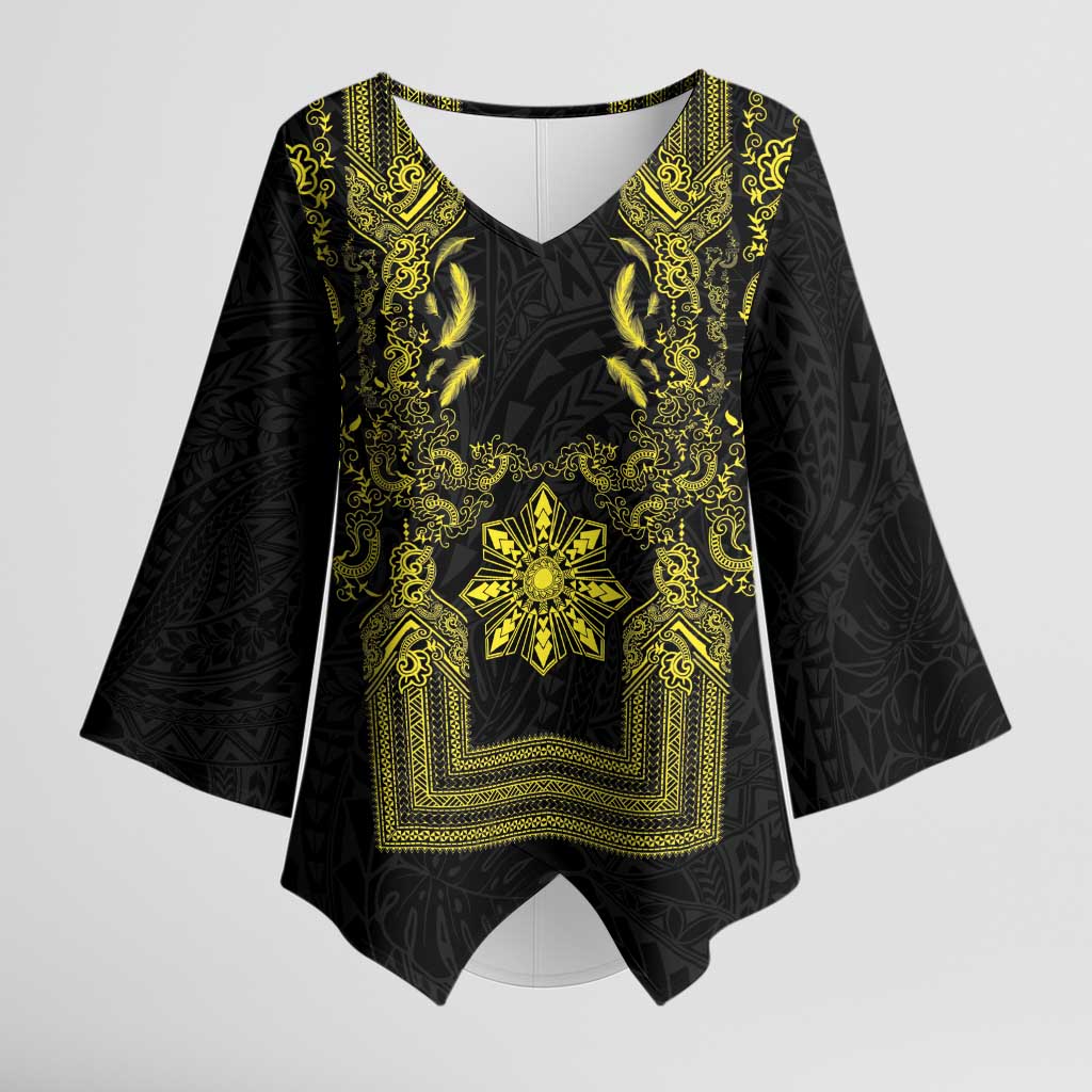Philippines Barong Style Kimono Sleeve Blouse with Polynesian Art and Leaf Motif Black-Gold Color