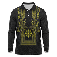 Philippines Barong Style Long Sleeve Polo Shirt with Polynesian Art and Leaf Motif Black-Gold Color