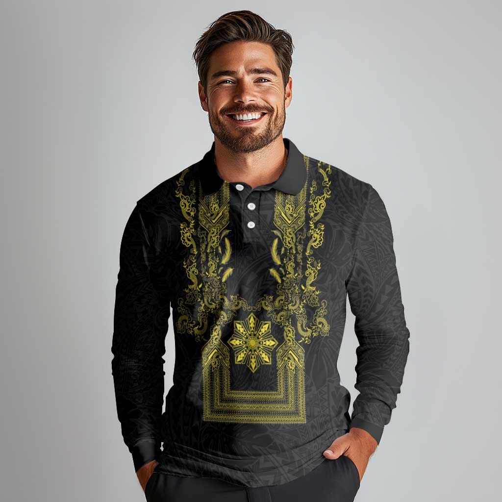 Philippines Barong Style Long Sleeve Polo Shirt with Polynesian Art and Leaf Motif Black-Gold Color