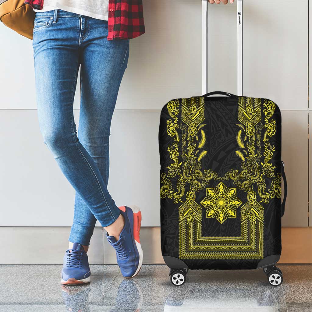 Philippines Barong Style Luggage Cover with Polynesian Art and Leaf Motif Black-Gold Color