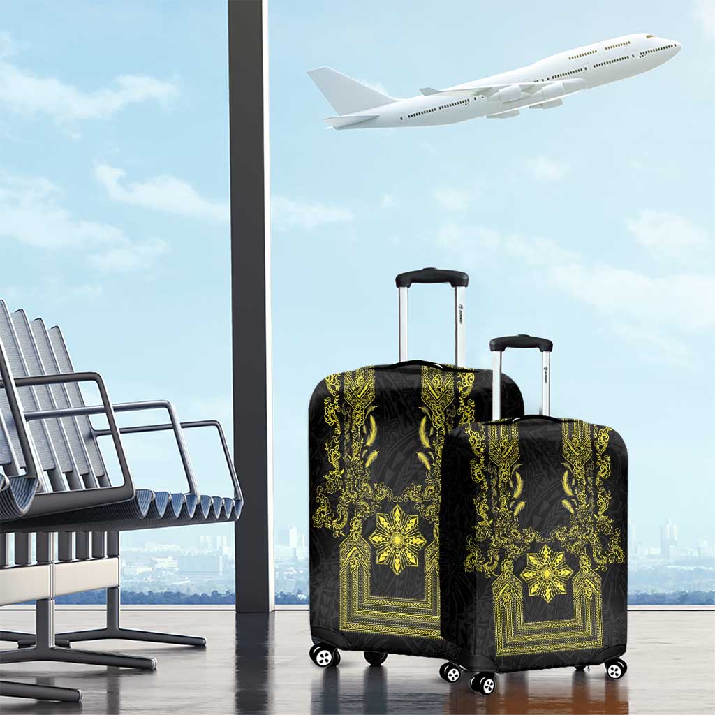 Philippines Barong Style Luggage Cover with Polynesian Art and Leaf Motif Black-Gold Color